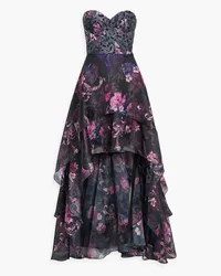 Marchesa Strapless asymmetric floral-print chiffon gown - Black Black