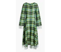 River fringed checked cotton and linen-blend midi dress - Green