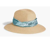 Courtney sequined tulle-trimmed faux straw fedora - Neutral