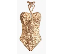 Ruched leopard-print halterneck swimsuit - Animal print