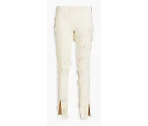 Distressed cotton-blend twill skinny pants - White