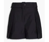 Pleated belted cotton-blend poplin shorts - Black