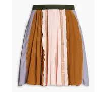 Chantilly lace-paneled pleated silk-crepe mini skirt - Brown