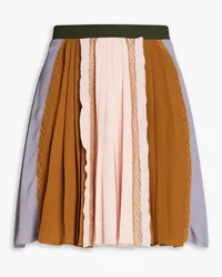 Valentino Garavani Chantilly lace-paneled pleated silk-crepe mini skirt - Brown Brown