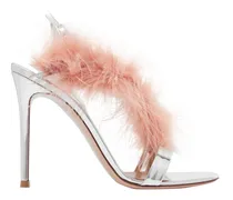 Feather-trimmed mirrored-leather sandals - Metallic