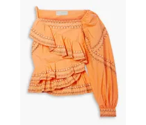 Arjun one-sleeve ruffled embroidered cotton top - Orange