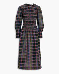 Ganni Shirred checked cotton-blend seersucker midi dress - Multicolor Multicolor