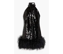 Cynthia feather-embellished sequined mesh mini dress - Black