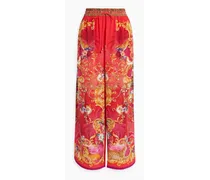 Embellished printed silk crepe de chine wide-leg pants - Red