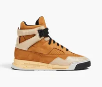 Lizard-effect leather, nubuck and mesh high-top sneakers - Brown