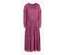 Gathered silk-crepon midi dress - Purple