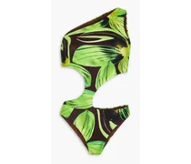 One-shoulder cutout printed swimsuit - Green