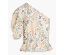 Bijou one-sleeve floral-print Lyocell and linen-blend peplum top - Orange