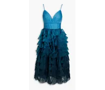 Tulle-paneled pleated organza midi dress - Blue