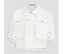 Cropped studded slub woven blouse - White