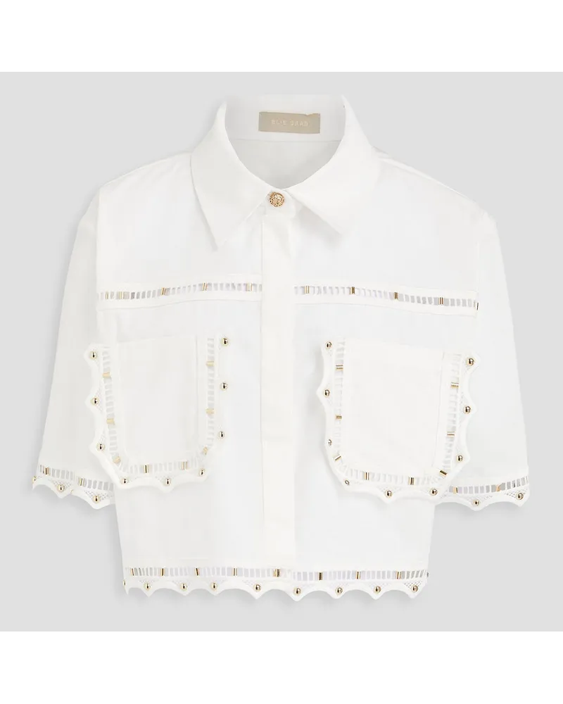 Elie Saab Cropped studded slub woven blouse - White White