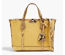 Snake-effect leather-trimmed suede tote - Yellow