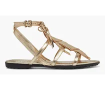 Embellished fringed metallic leather sandals - Metallic