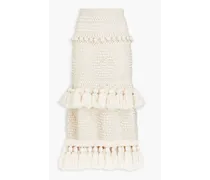 Tiered tasseled crocheted wool midi skirt - White