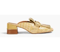 Kiltie buckled smooth and croc-effect leather mules - Yellow