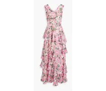 Tiered floral-print habotai gown - Pink