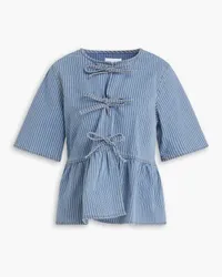 Ganni Gathered striped denim peplum top - Blue Blue