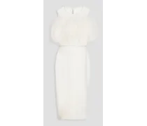 Feather-embellished stretch-crepe midi dress - White
