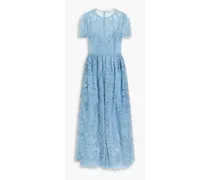Embroidered point d'esprit and organza midi dress - Blue