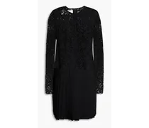 Guipure lace-paneled pleated wool mini dress - Black