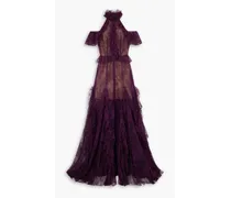 Morgana cold-shoulder ruffled lace halterneck gown - Purple