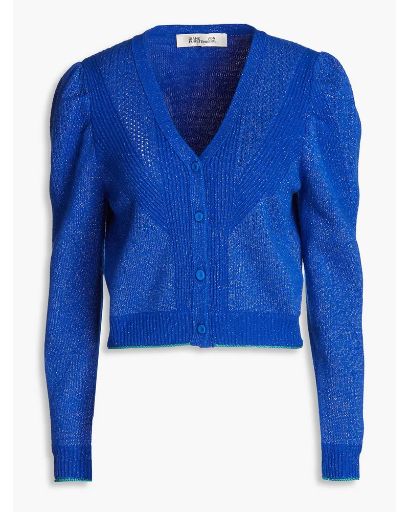 Diane von Furstenberg Pointelle-trimmed metallic wool-blend cardigan - Blue Blue