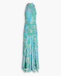 ROTATE Birger Christensen Cutout ruffled printed mesh maxi dress - Green Green