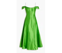 Cold-shoulder flared silk-shantung midi dress - Green