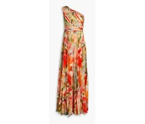 One-shoulder pleated floral-print chiffon gown - Orange