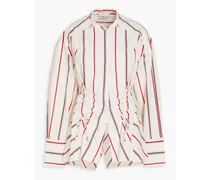 Cutout ruched striped taffeta shirt - White