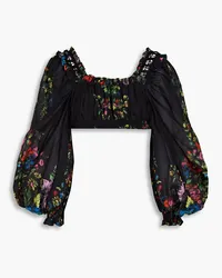 Charo Ruiz Hince cropped floral-print cotton-blend mousseline top - Black Black