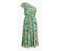 One-shoulder layered floral-print georgette midi dress - Green