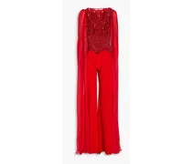 Embellished draped tulle-paneled crepe jumpsuit - Red