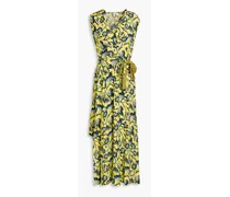 Gathered floral-print crepe midi dress - Yellow