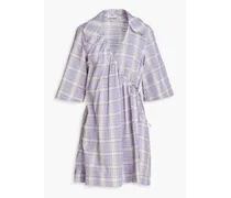 Checked cotton-blend seersucker mini wrap dress - Purple