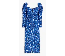 Ruched floral-print cotton-blend poplin midi dress - Blue