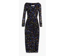 Ganesa off-the-shoulder ruched leopard-print stretch-mesh midi dress - Black