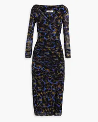 Diane von Furstenberg Ganesa off-the-shoulder ruched leopard-print stretch-mesh midi dress - Black Black