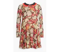 Studded floral-print silk-blend chiffon mini dress - Brown