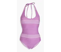 Amber cotton-blend chambray halterneck swimsuit - Purple