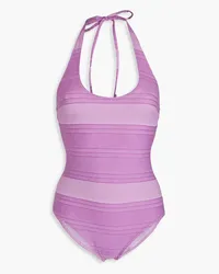 Lisa Marie Fernandez Amber cotton-blend chambray halterneck swimsuit - Purple Purple