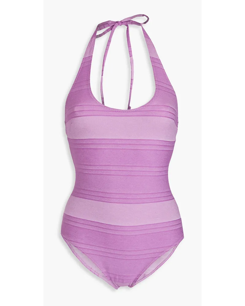 Amber cotton-blend chambray halterneck swimsuit - Purple