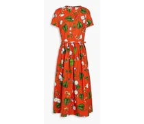 Belted floral-print cotton-blend poplin midi shirt dress - Orange