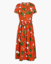 Oscar de la Renta Belted floral-print cotton-blend poplin midi shirt dress - Orange Orange