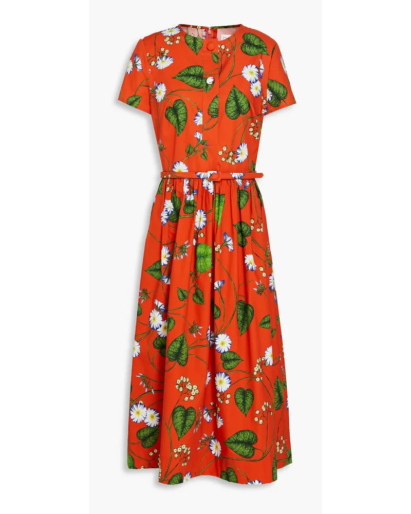 Oscar de la Renta Belted floral-print cotton-blend poplin midi shirt dress - Orange Orange